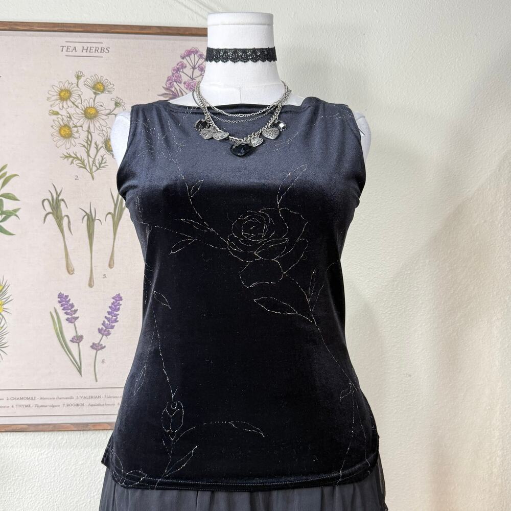 90s Y2k Velvet Glitter Rose Top Romantic Goth Vampire Witchy Whimsigoth Sexy S M